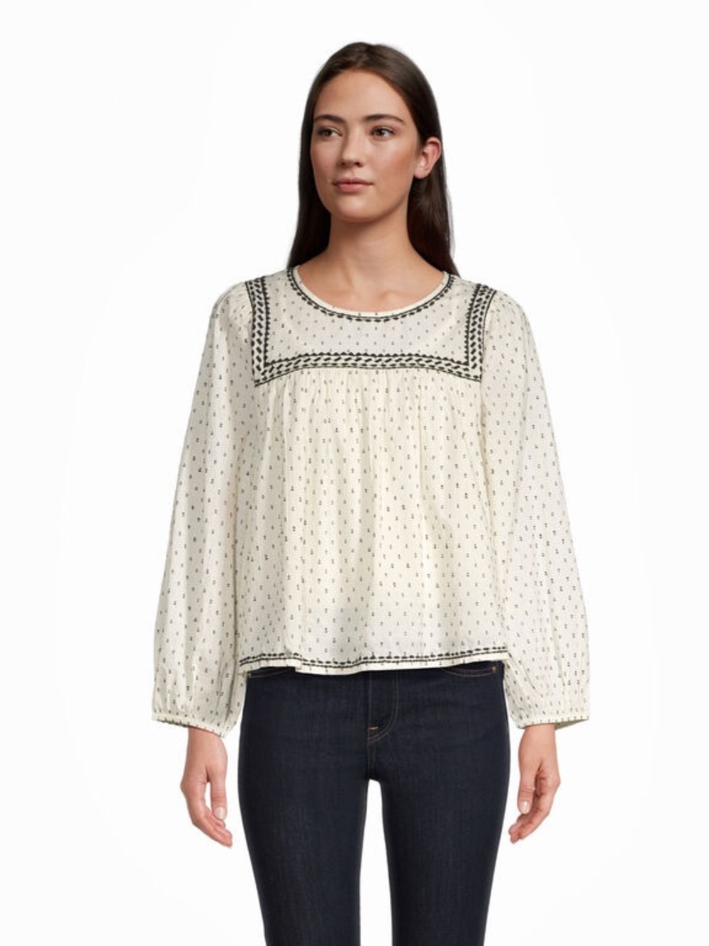 World Market Tasha Cream and Black Dobby Embroidered Top